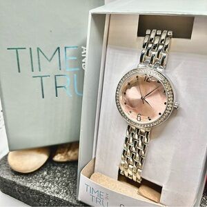 NEW Time & Tru Silver Tone Bracelet Pink China Crystal Dial Dress Watch With box